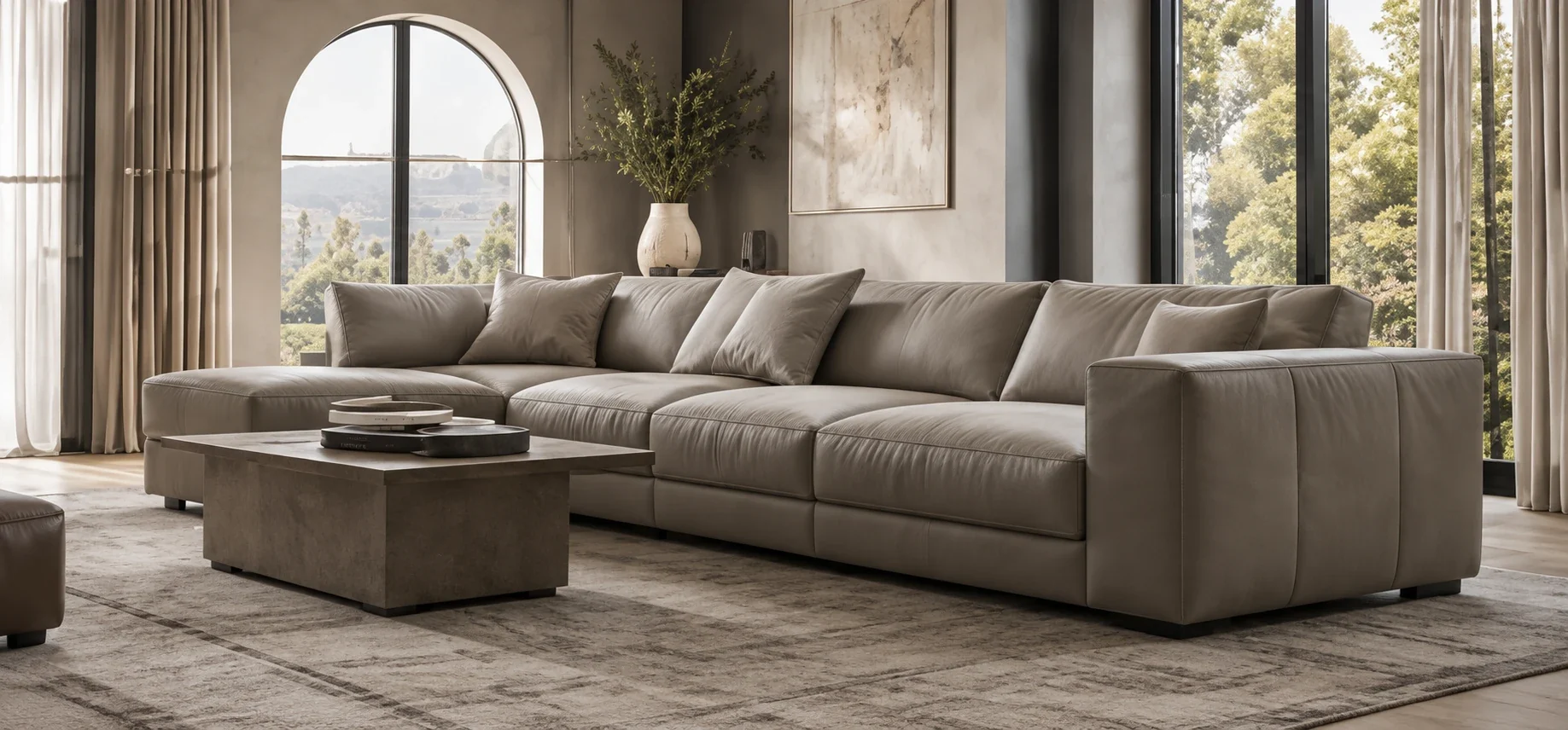 Taupe leather sectional with loose cushions in a bright room with an arched window