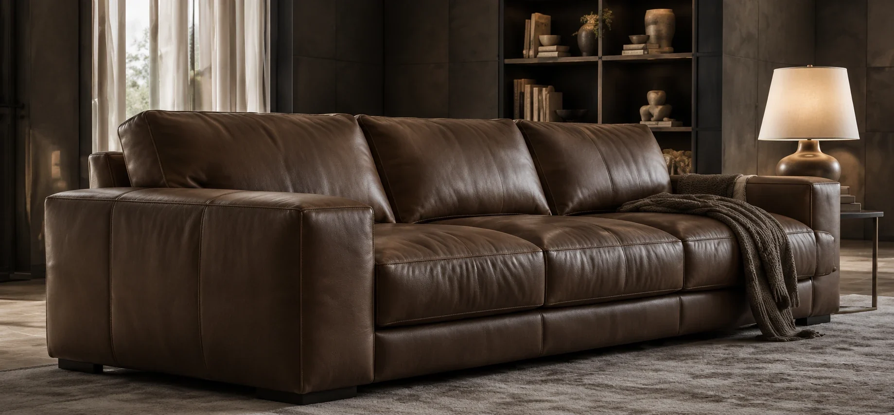 Long brown leather sofa with a throw over one arm in a dark panelled living room