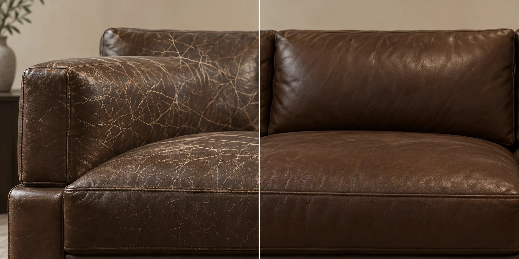 RH leather sofa repair before and after: a cracked brown seat and back cushion restored to an even, supple finish