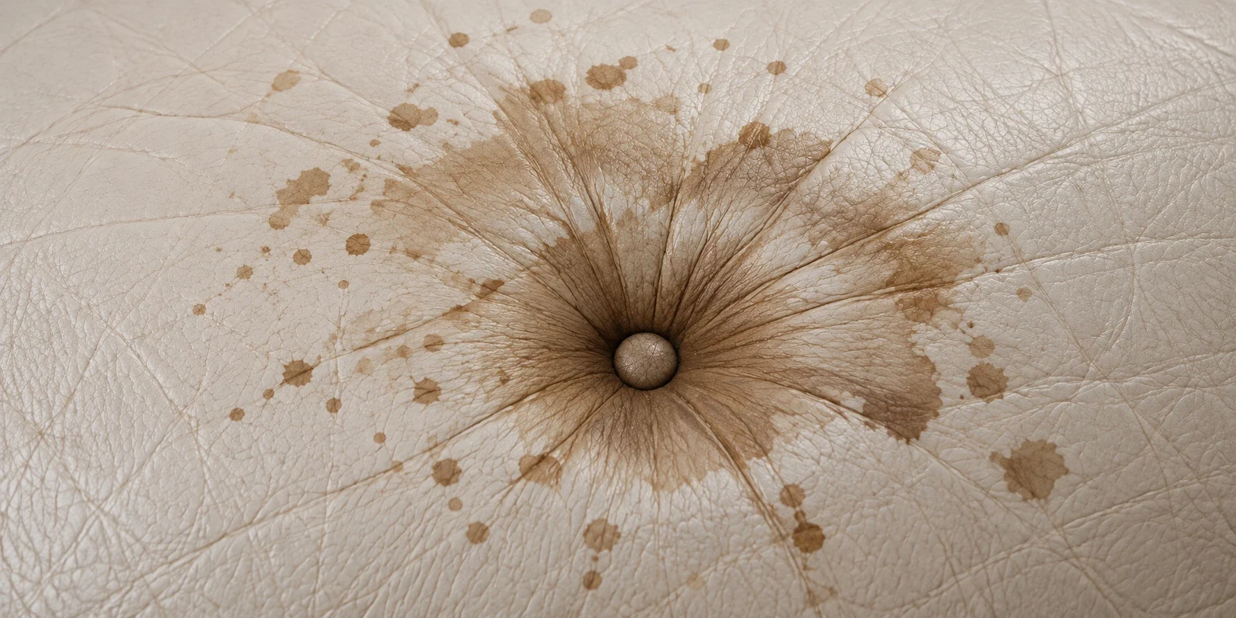 Brown liquid staining spread around a button pull on cream leather