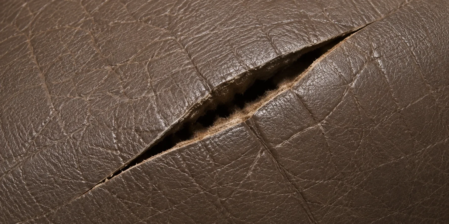 An open tear in brown leather showing the pale fibre core beneath