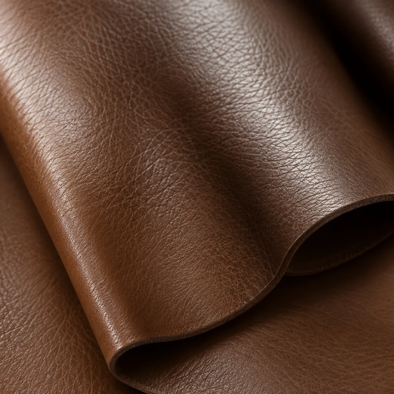 Folded panel of brown leather showing an even, restored colour running across the grain
