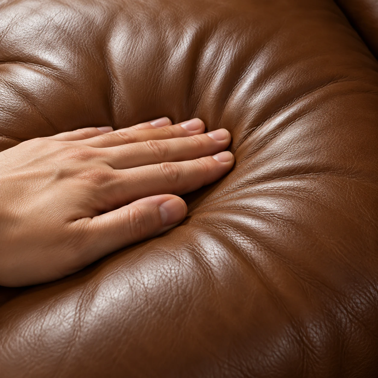 Hand pressing down into a rounded brown leather cushion to test the fill underneath