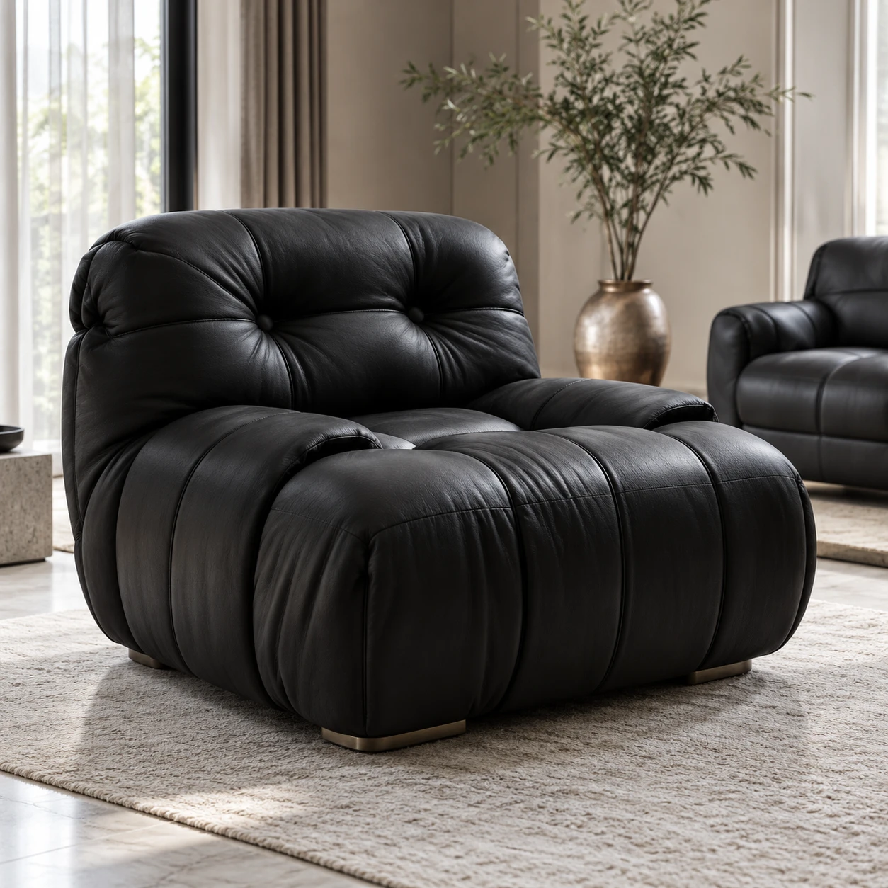 Black leather lounge chair with deep horizontal channelling beside a tall potted plant