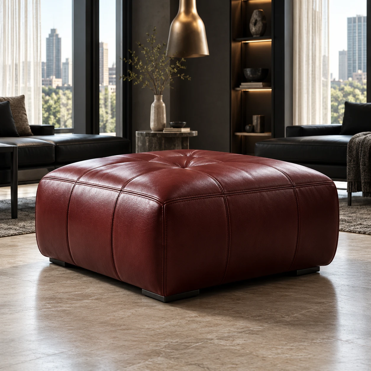 Deep red leather ottoman on a pale stone floor in a dark panelled living room