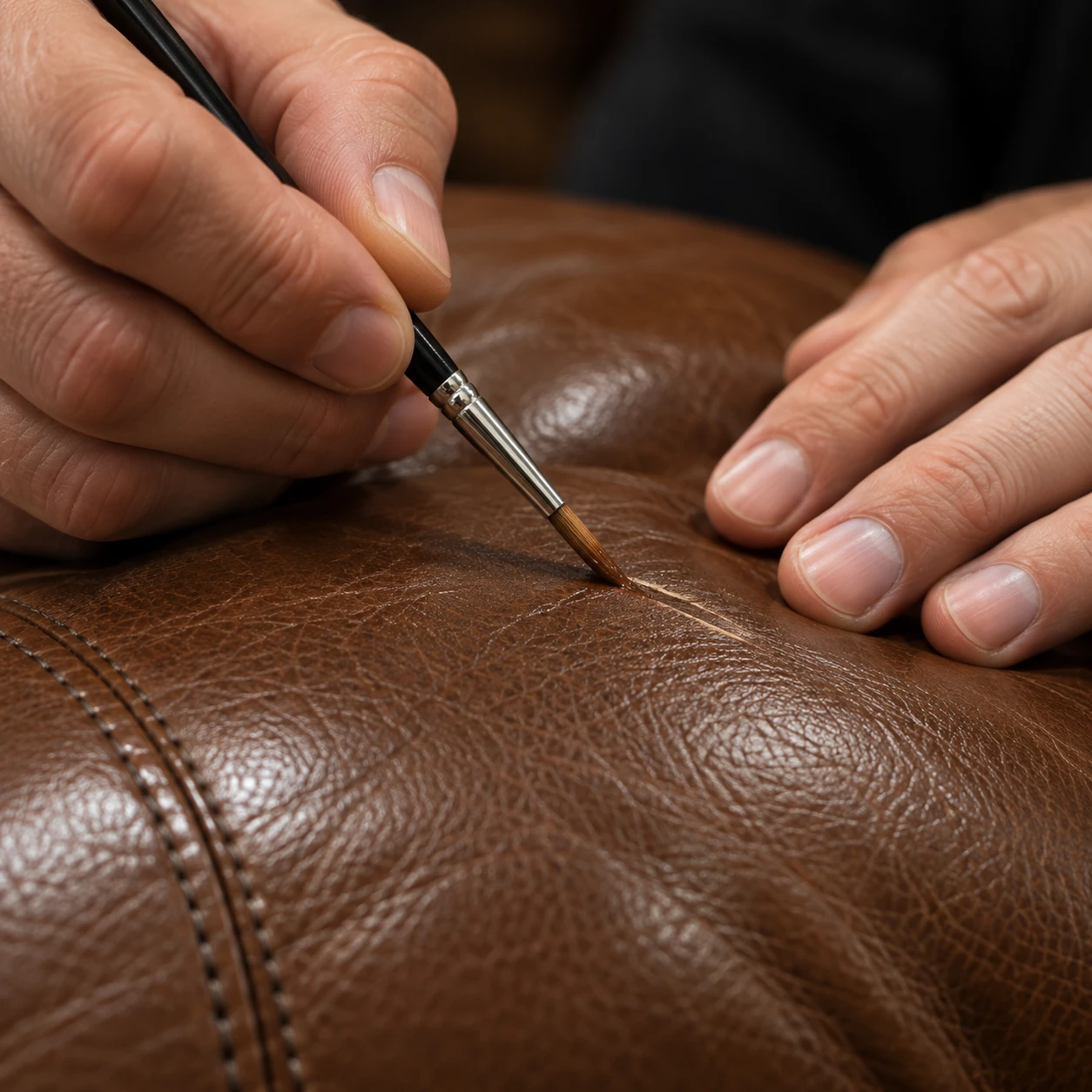 Roche Bobois leather repair in progress, a fine brush feeding colour into a scratch on a brown sofa arm