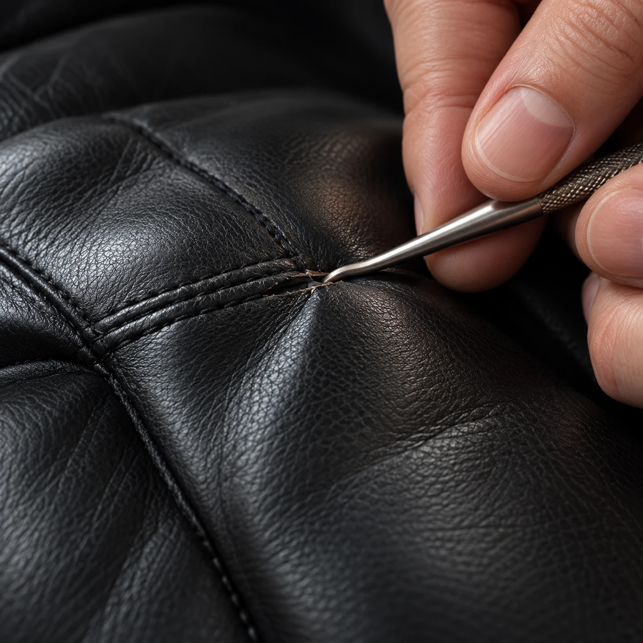 Fine hand tool working along the stitched seam of a black leather seat module