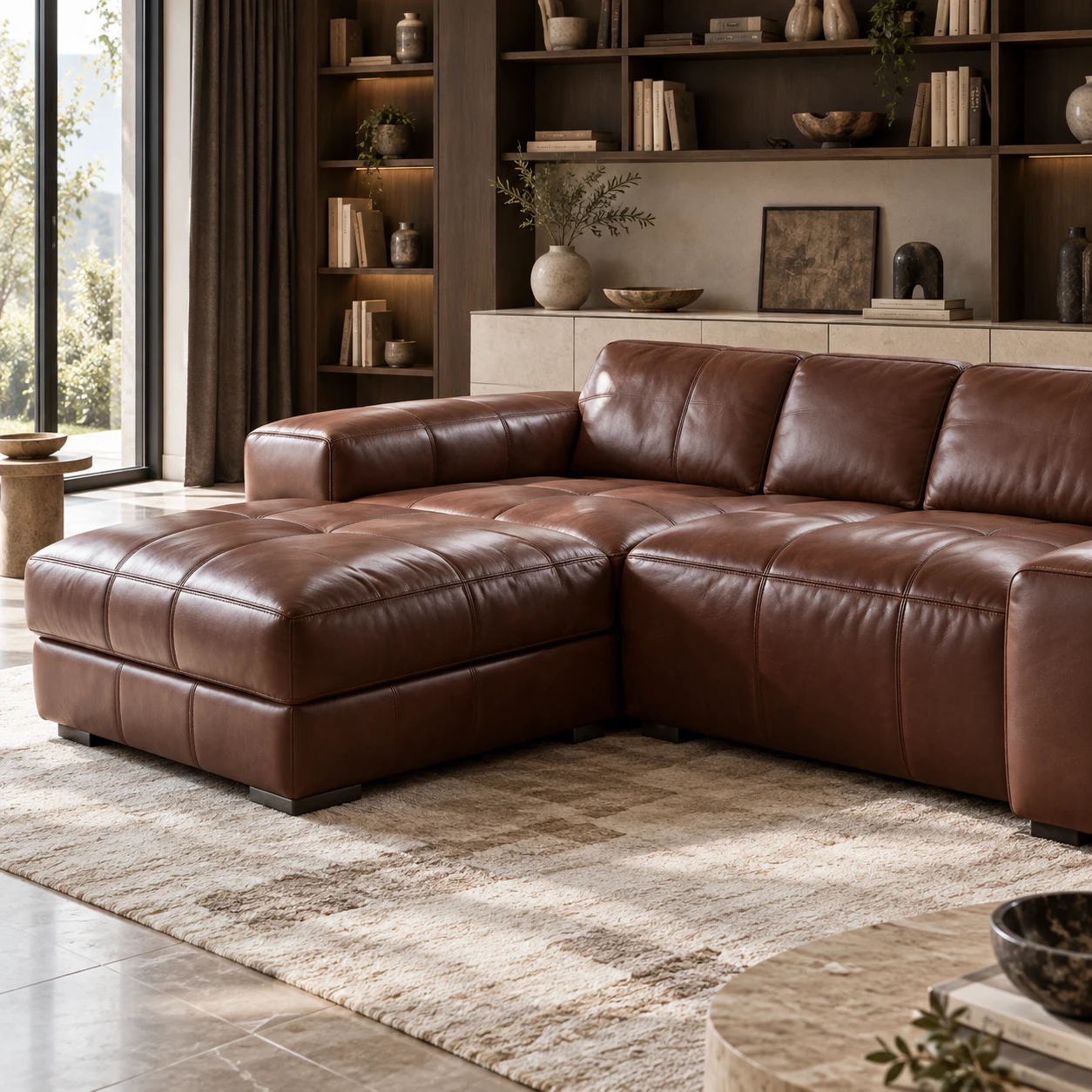 Deep brown leather sectional with a chaise return in a room lined with dark bookshelves