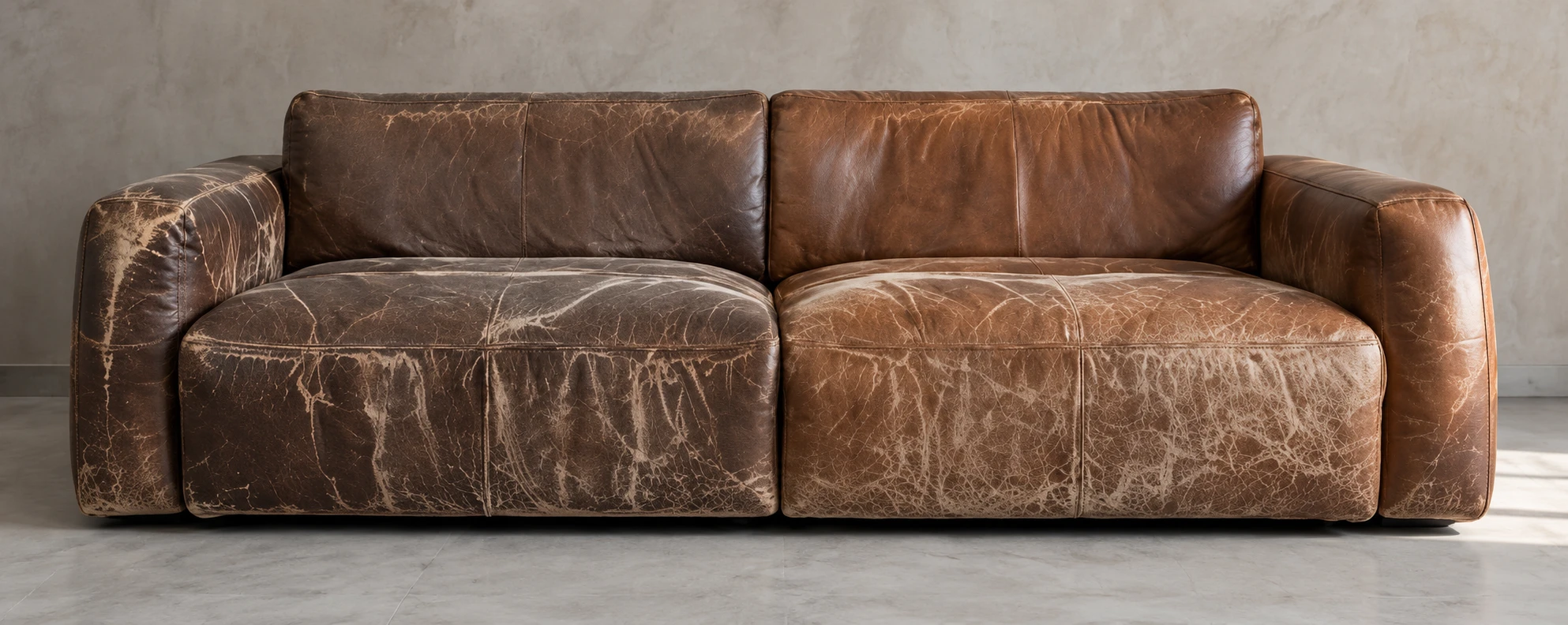 Brown leather sofa before repair, the seat and back panels heavily cracked and faded to a dry grey-brown