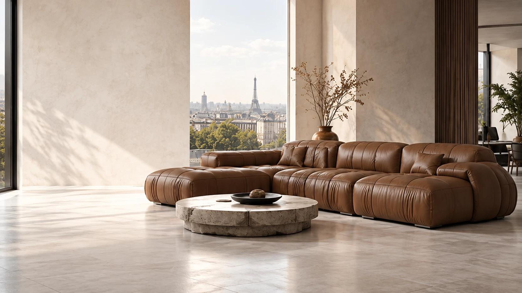 Brown modular leather sofa with rounded tufted seat units in a Paris apartment, the Eiffel Tower visible through the window