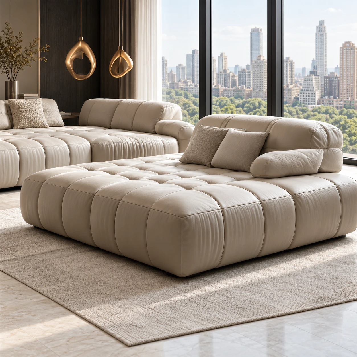 Cream modular leather sofa arranged as an L-shape in a city apartment with skyline windows