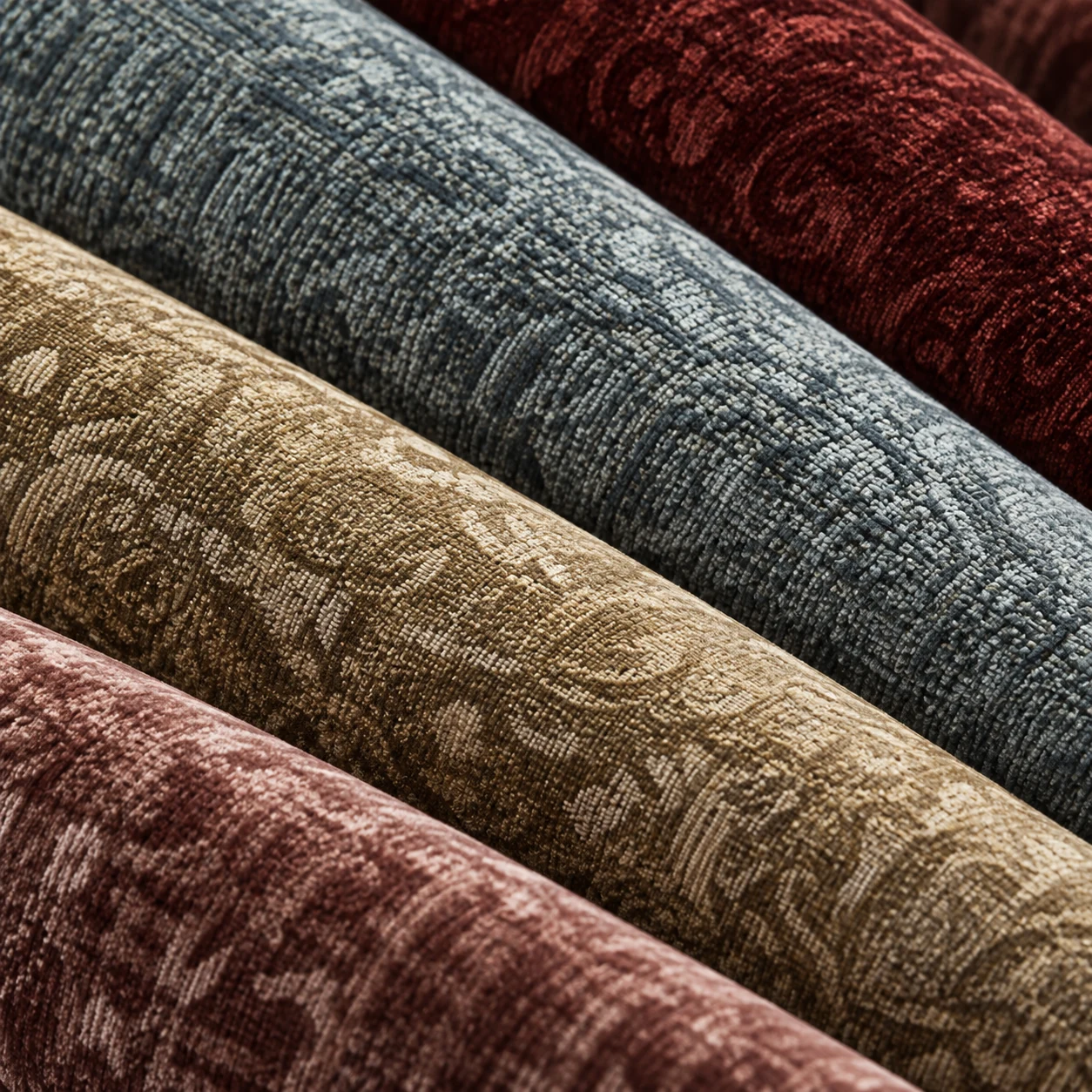 Rolled patterned upholstery fabric swatches in red, gold and green jacquard weaves