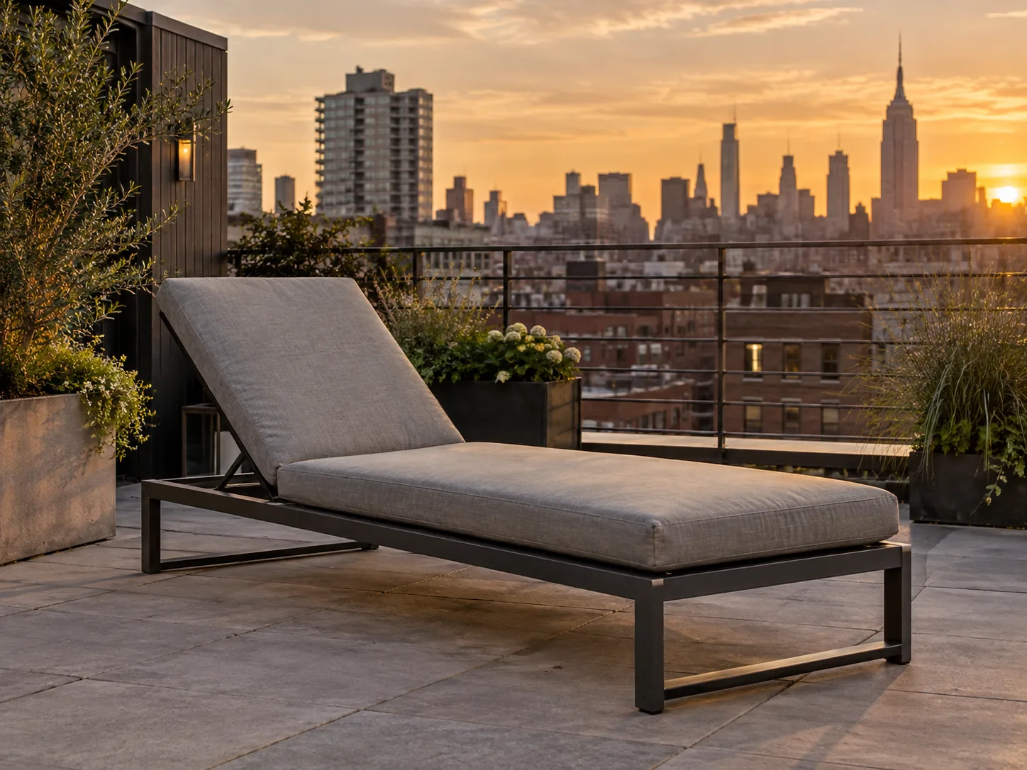 Grey outdoor cushions on a roof deck lounge frame