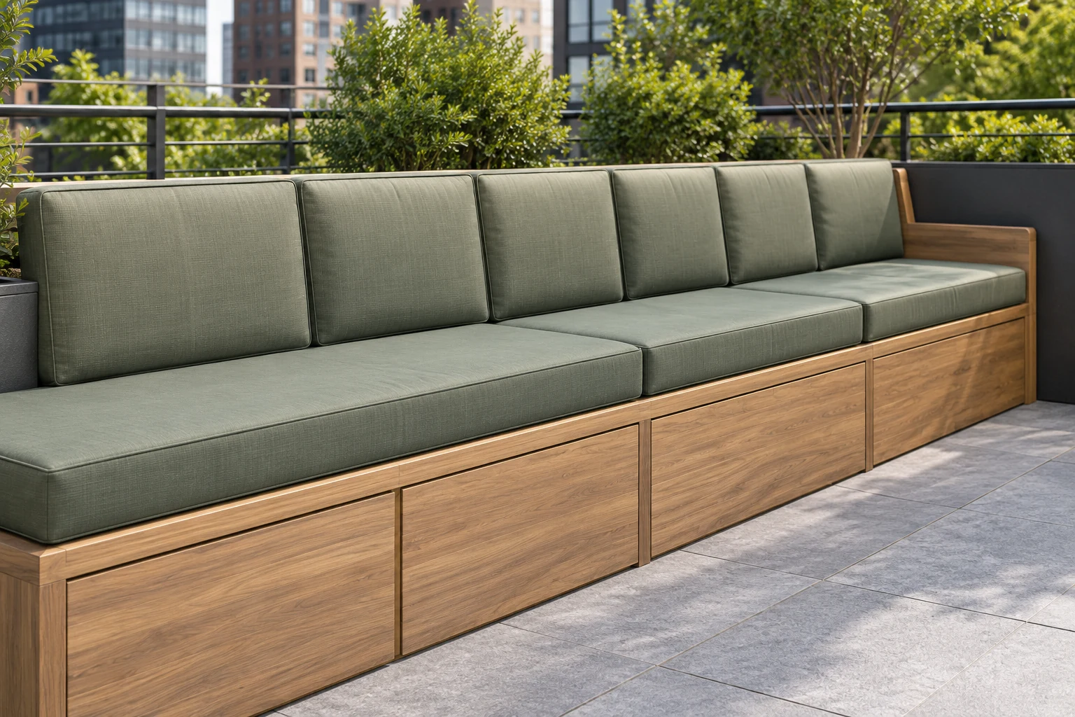 Rooftop banquette with long green cushions over a teak storage base