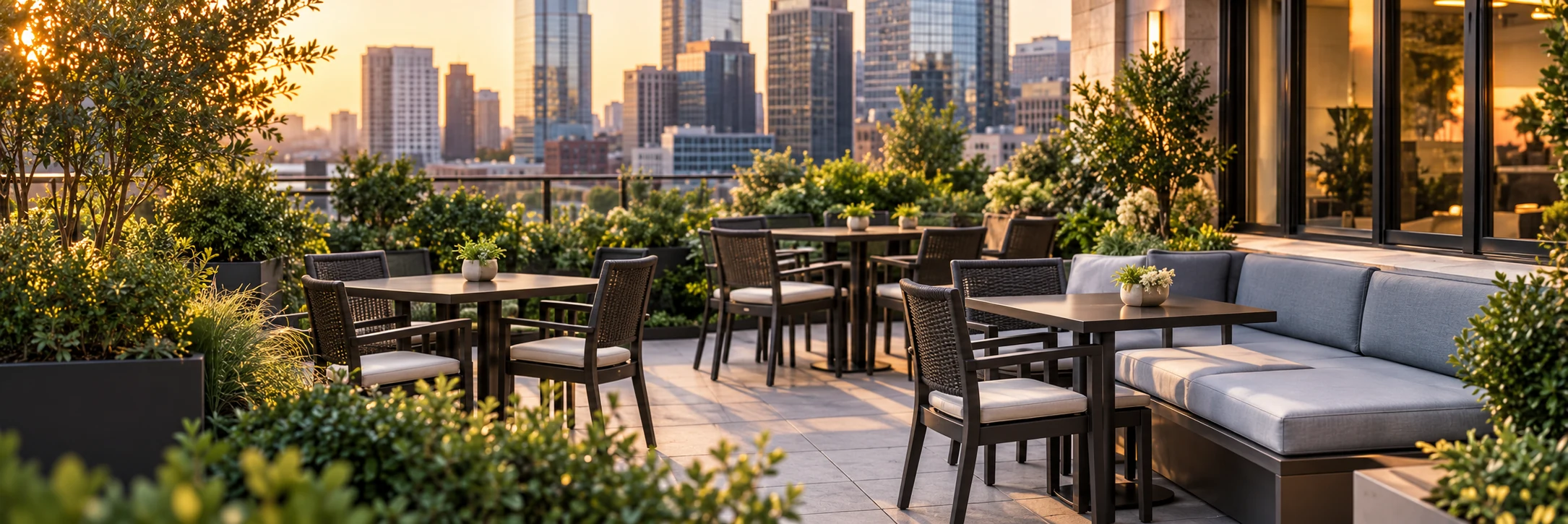 Rooftop restaurant terrace at sunset with dining chairs and a built-in banquette run