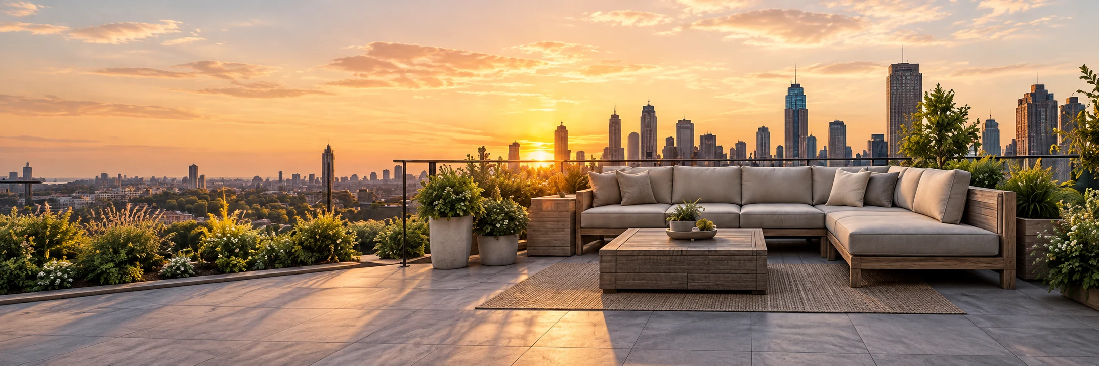 Rooftop terrace with outdoor sectional cushions at sunset above the city skyline