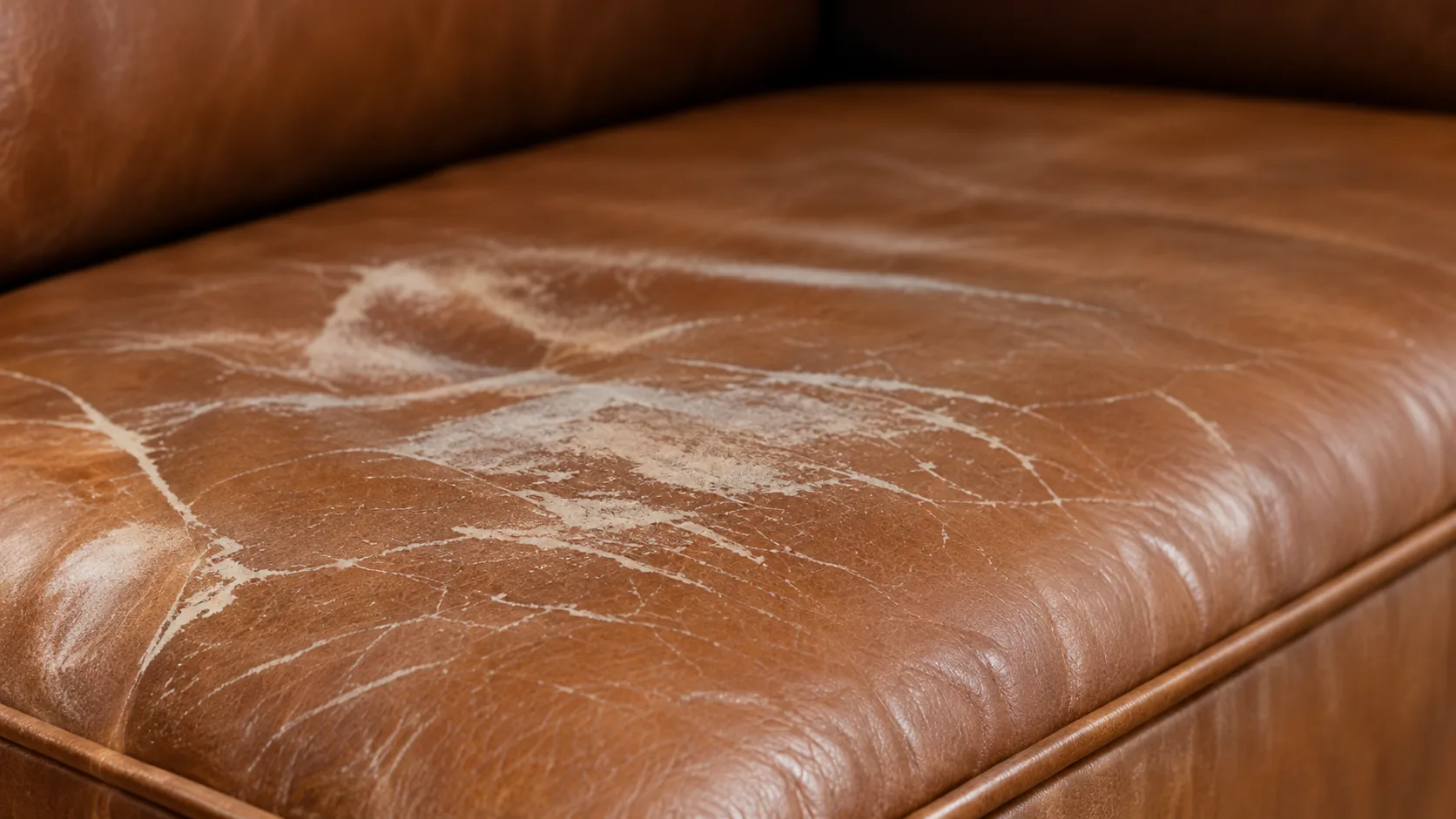 Color worn away across a cognac leather seat cushion