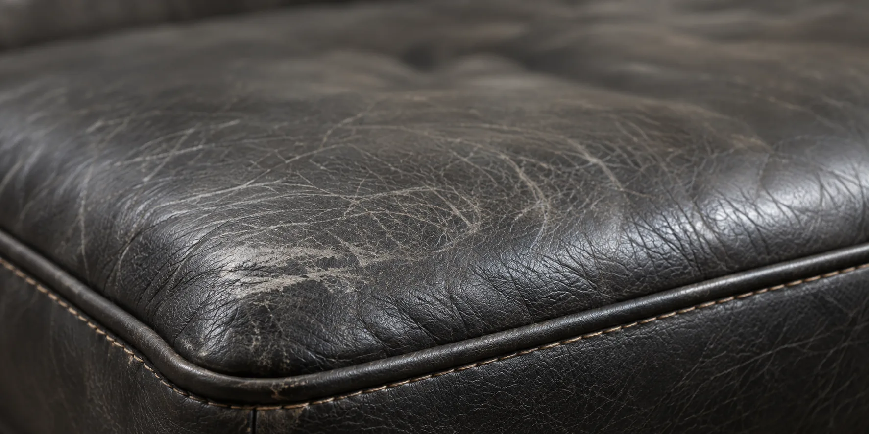 Creasing across a black leather seat cushion that has lost its support