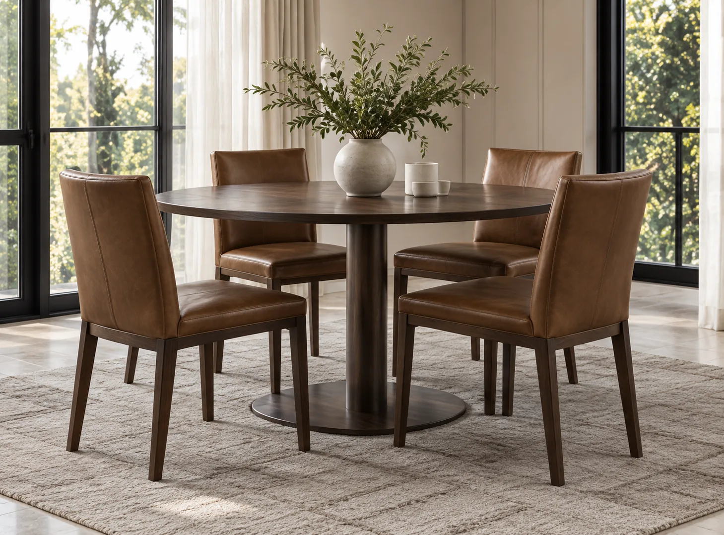 Round dining table with four leather dining chairs