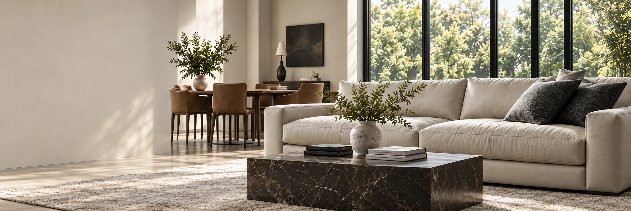 Cream leather sectional and leather dining chairs in a bright modern room