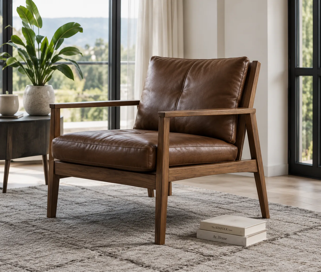 Walnut framed leather lounge chair on a wool rug