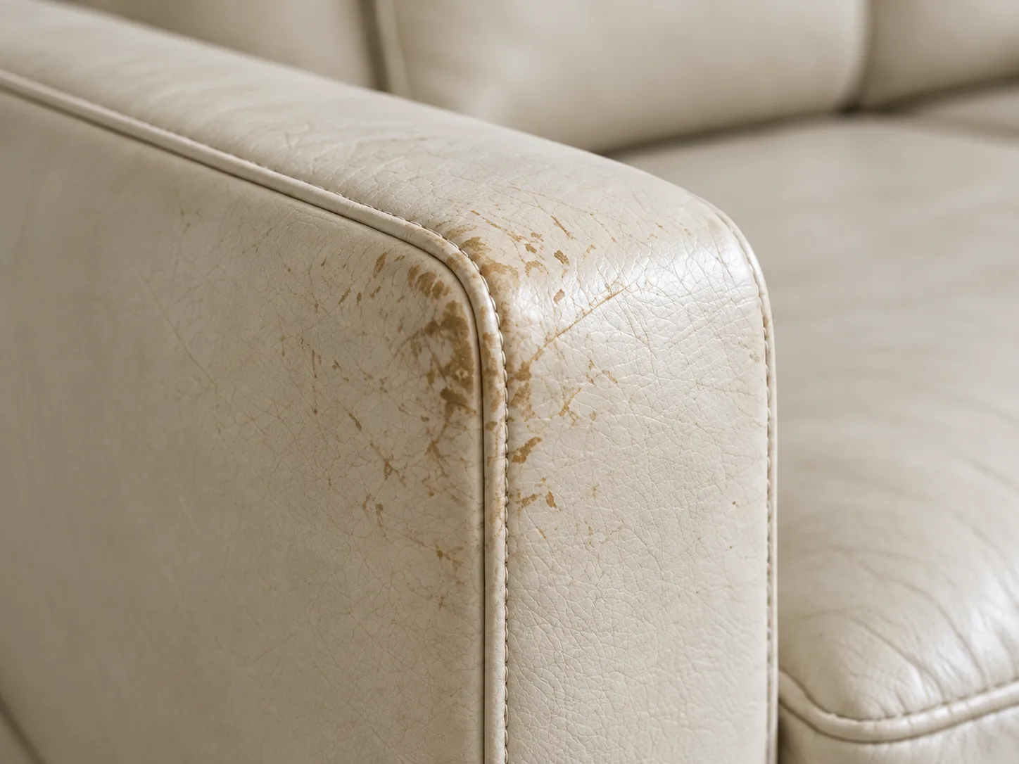 Scuffing and surface marks on the arm of a cream leather sofa