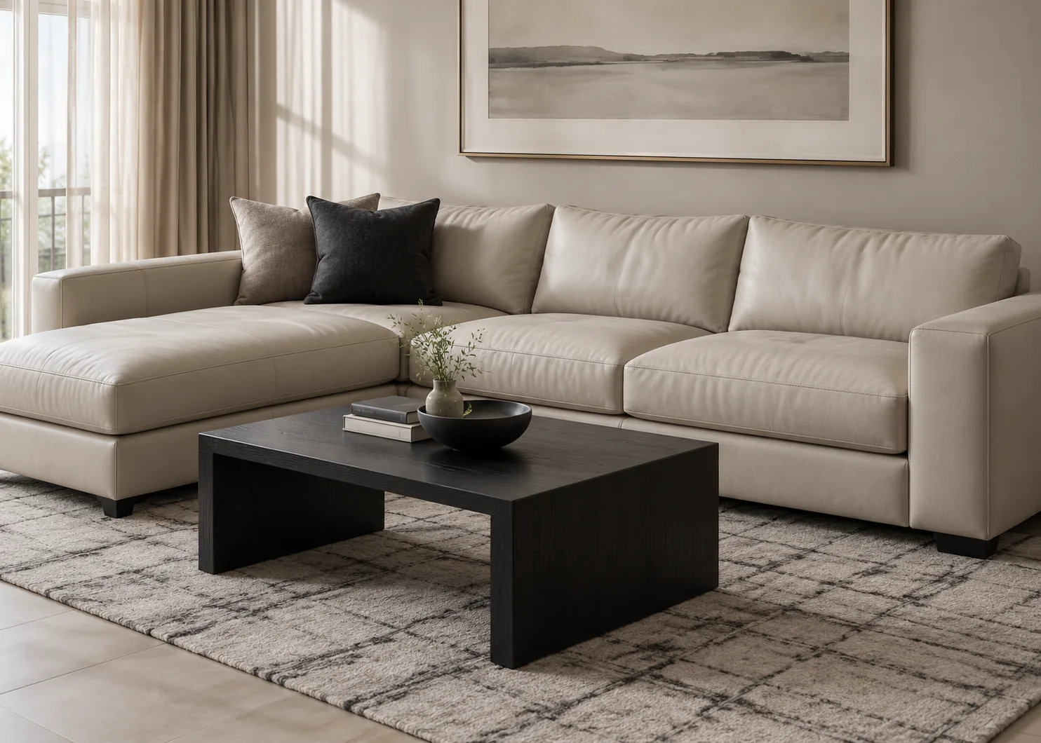 Cream leather sectional with a black oak coffee table