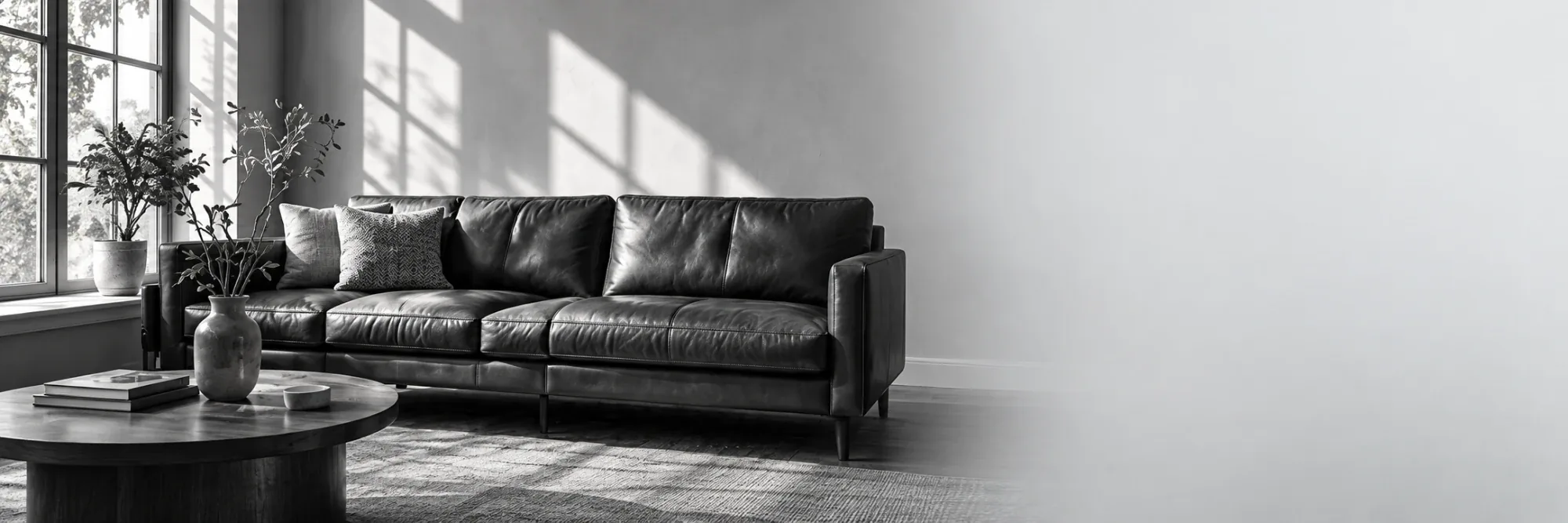 Black leather sofa in a quiet room with window light