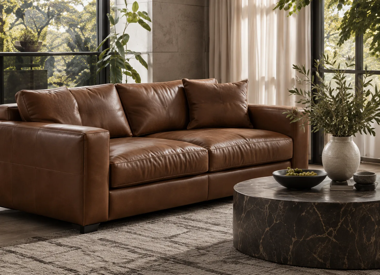 Cognac leather sofa beside a marble table in a sunlit room