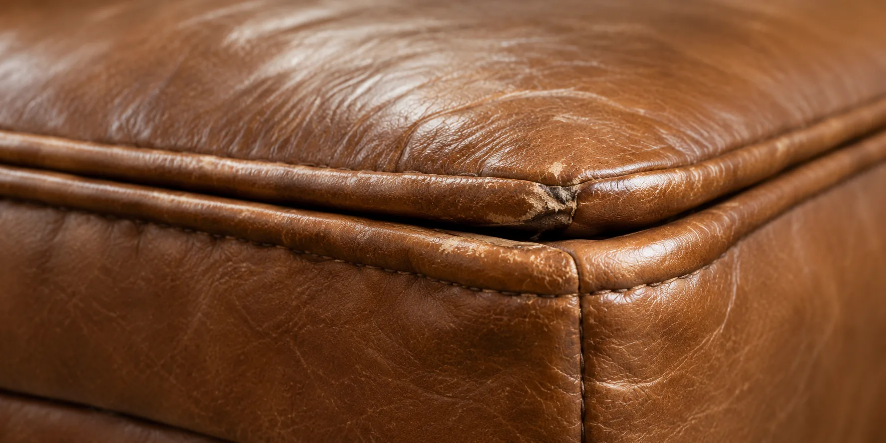 Worn piping opening along the edge of a cognac leather cushion