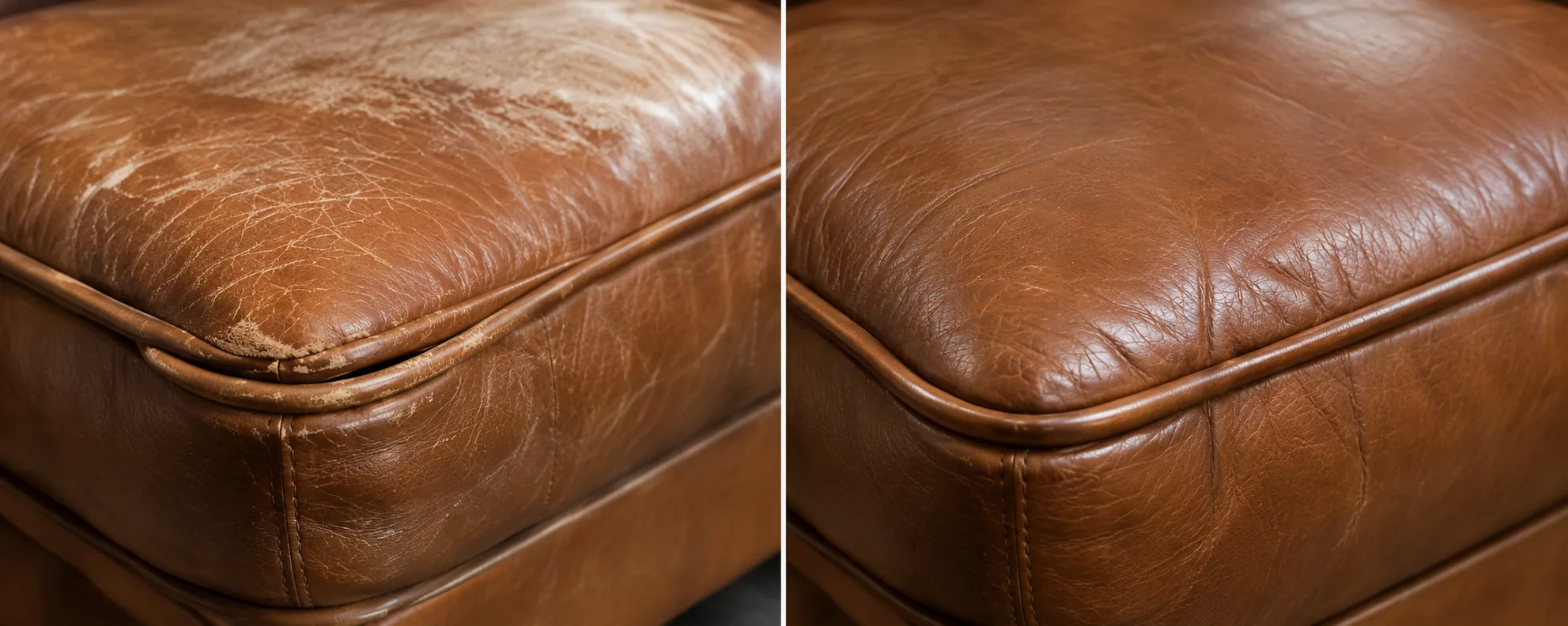 Cognac leather ottoman before and after wear removal and color matching