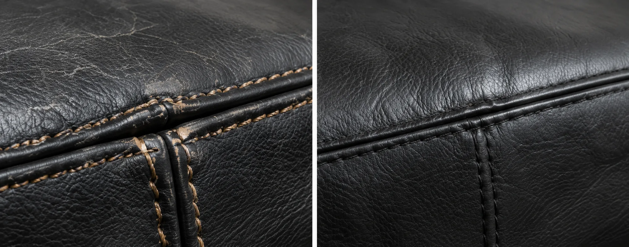 Black leather seam before and after restitching and refinishing