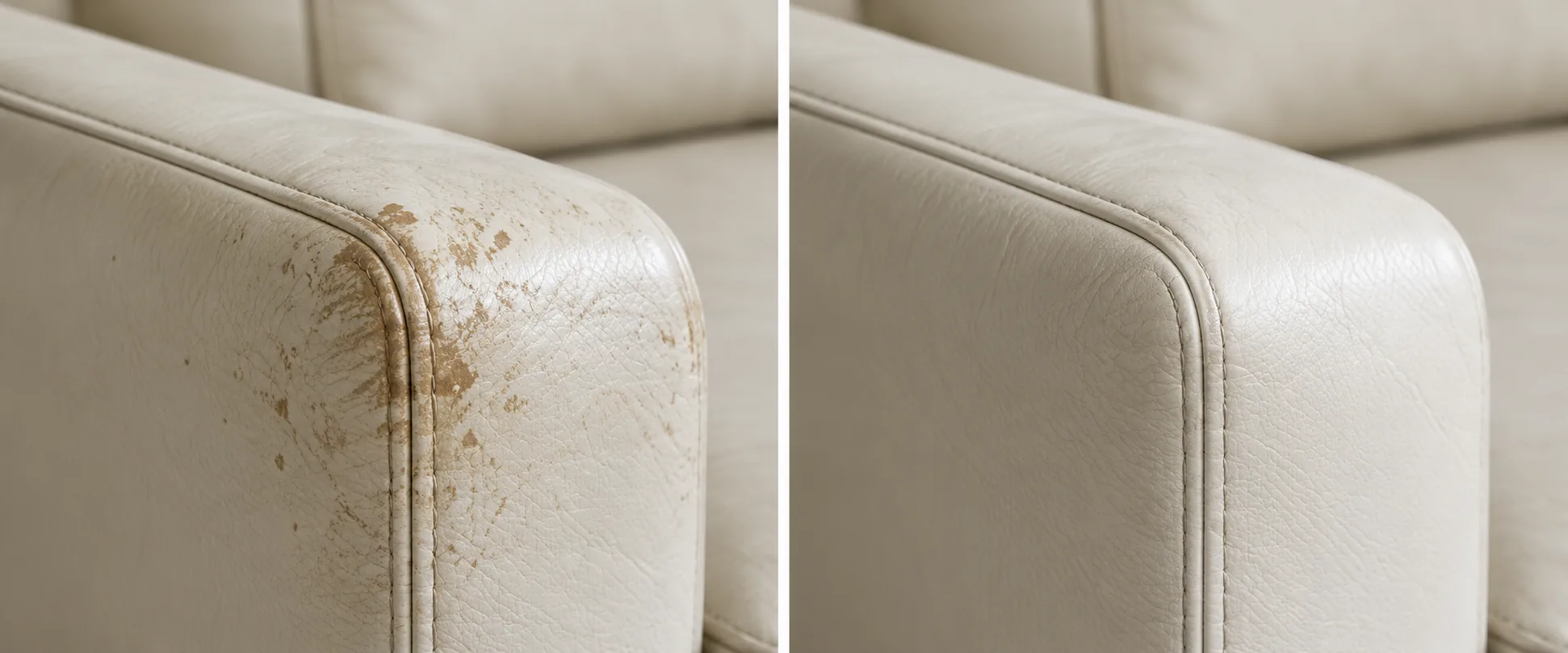 Cream leather sofa arm before and after stain removal and color rebuilding