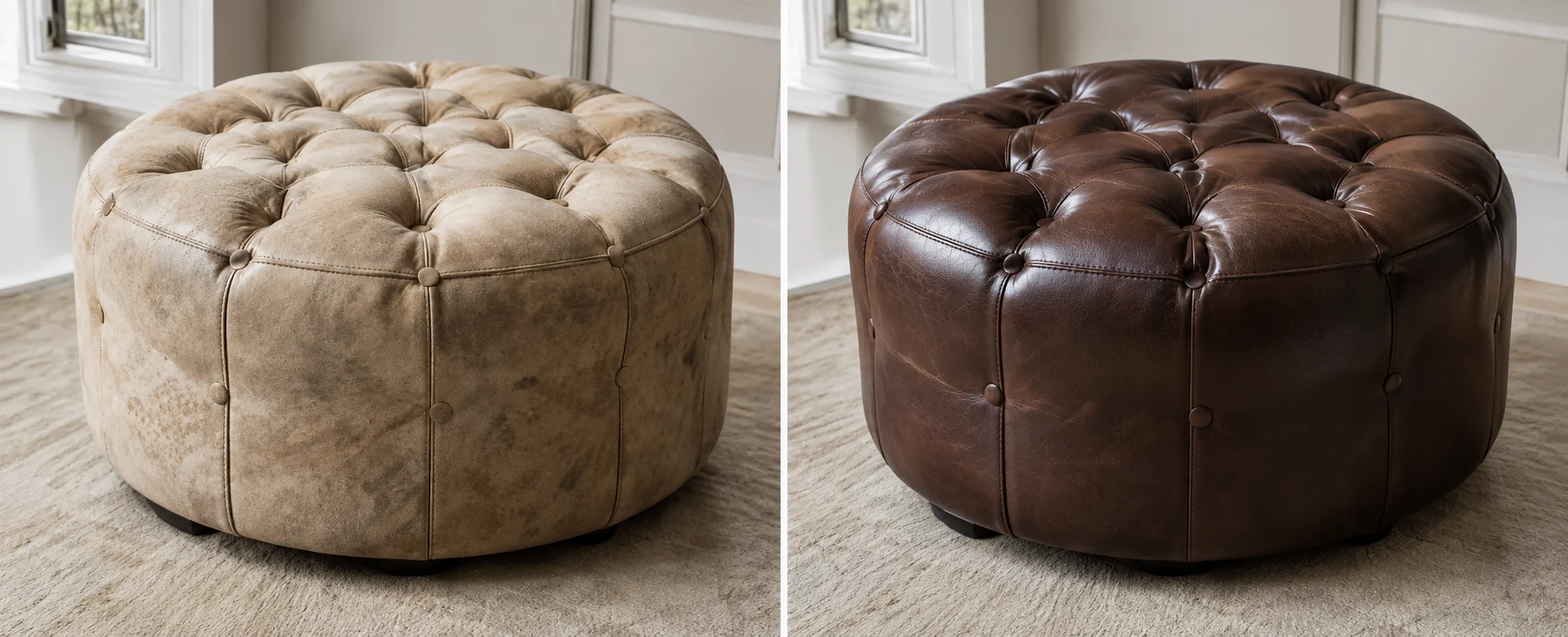 Tufted ottoman before and after repair