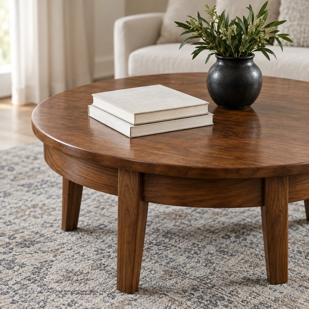 Round walnut coffee table with books and a vase on top