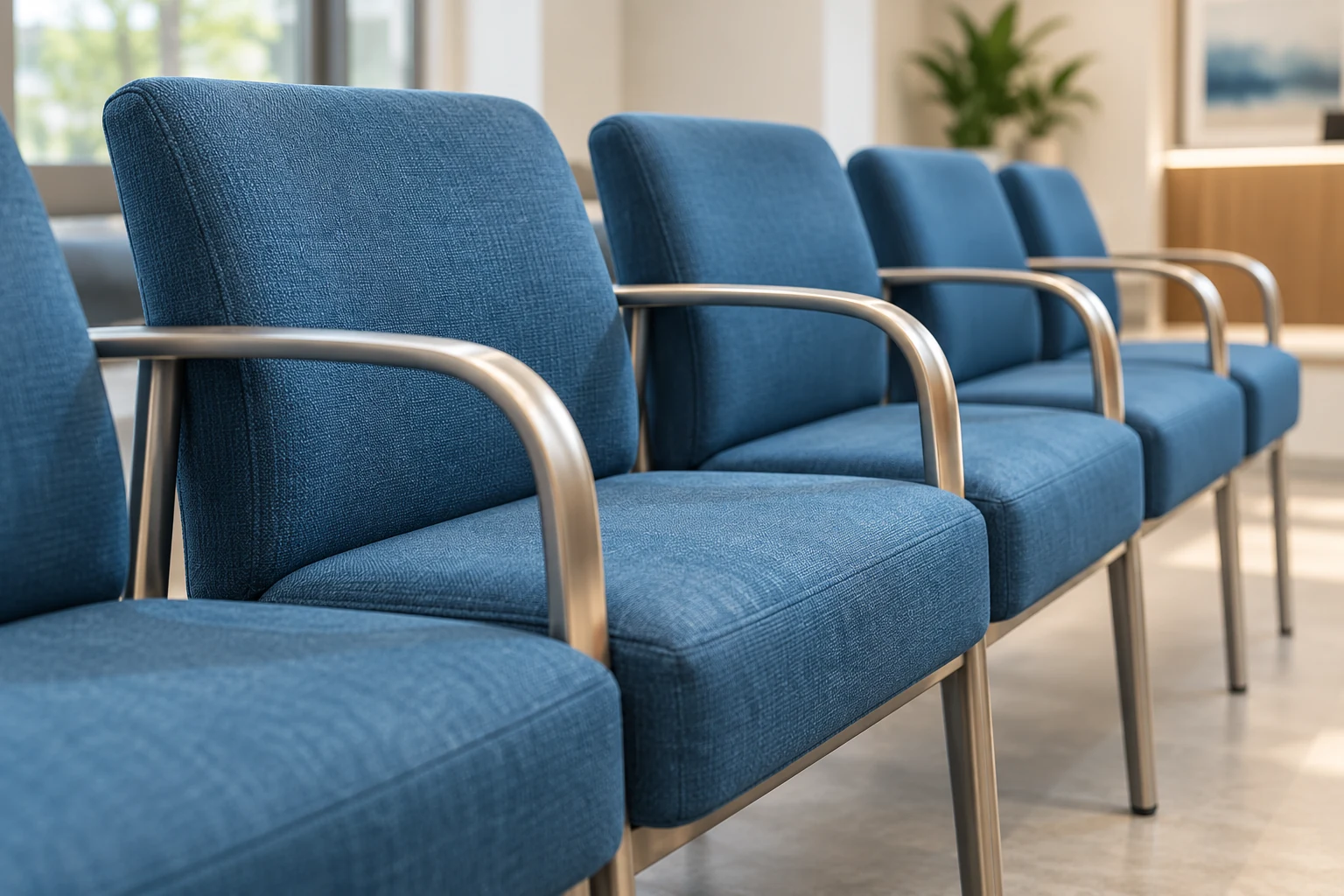 Row of blue waiting room chairs on steel frames, backrests still clean and unmarked