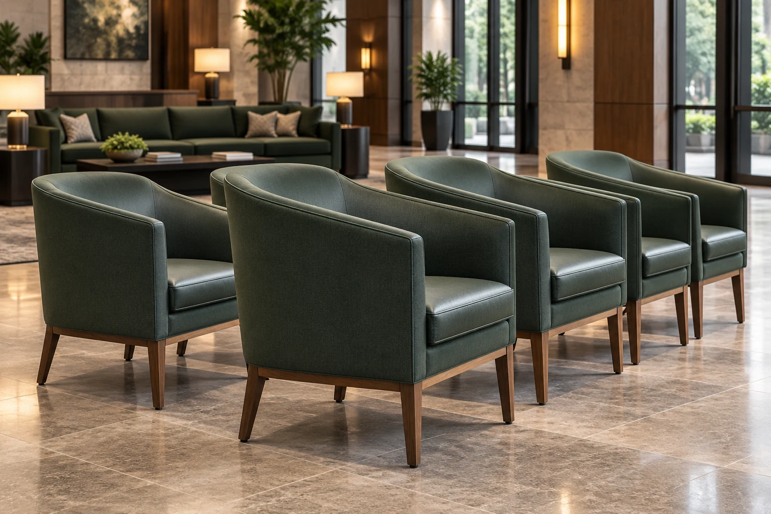 A row of green leather lobby chairs on wood legs across a stone floor