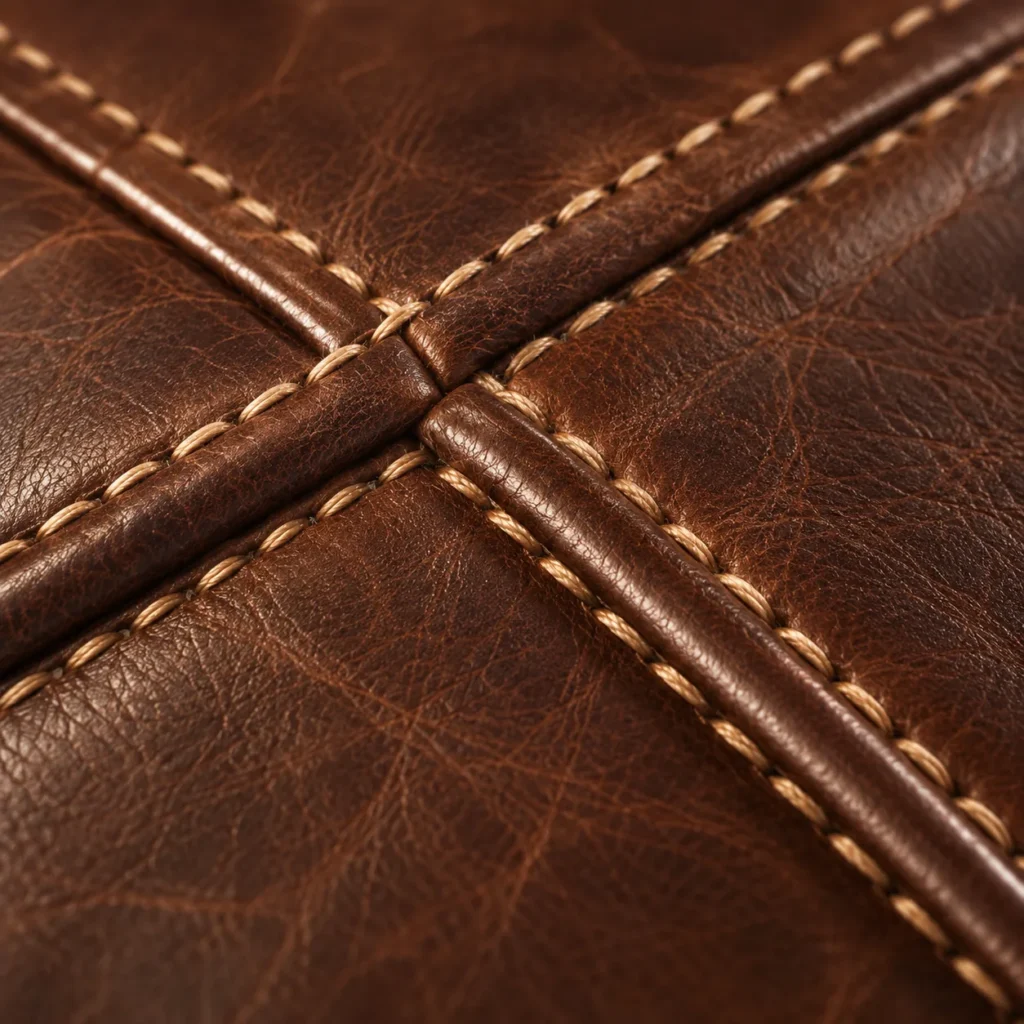 Saddle-stitched seams crossing on brown leather