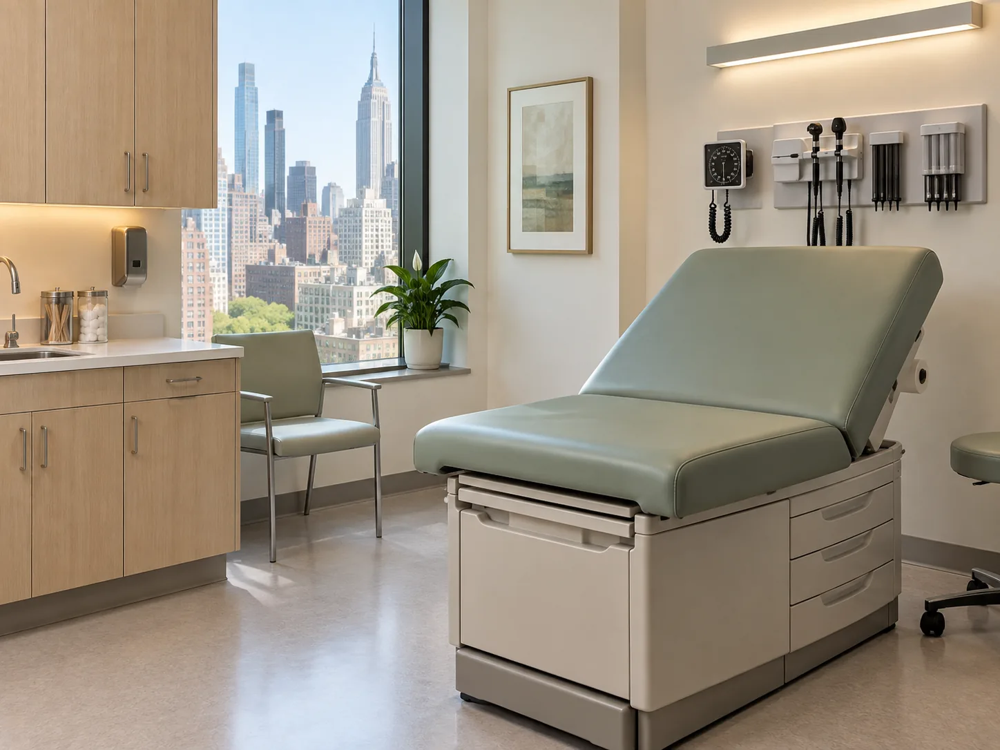 A sage green exam table with a new top in a bright exam room