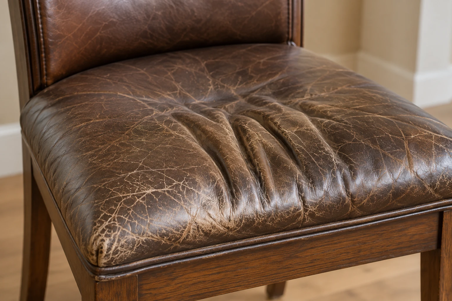 A brown leather dining chair seat with deep creases and a sagging ridge running across the middle of the pad