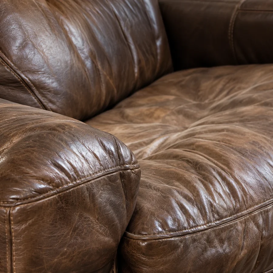 Corner of a brown leather sofa with the seat cushion sagging down into the frame