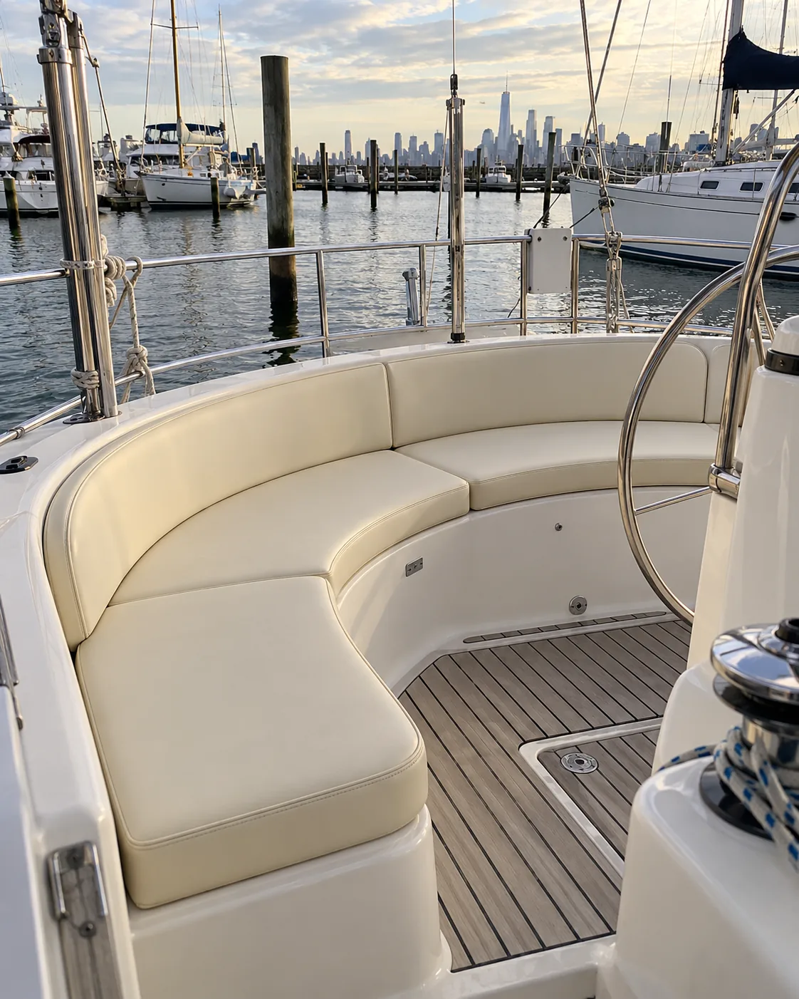 A sailboat cockpit with fitted bench cushions