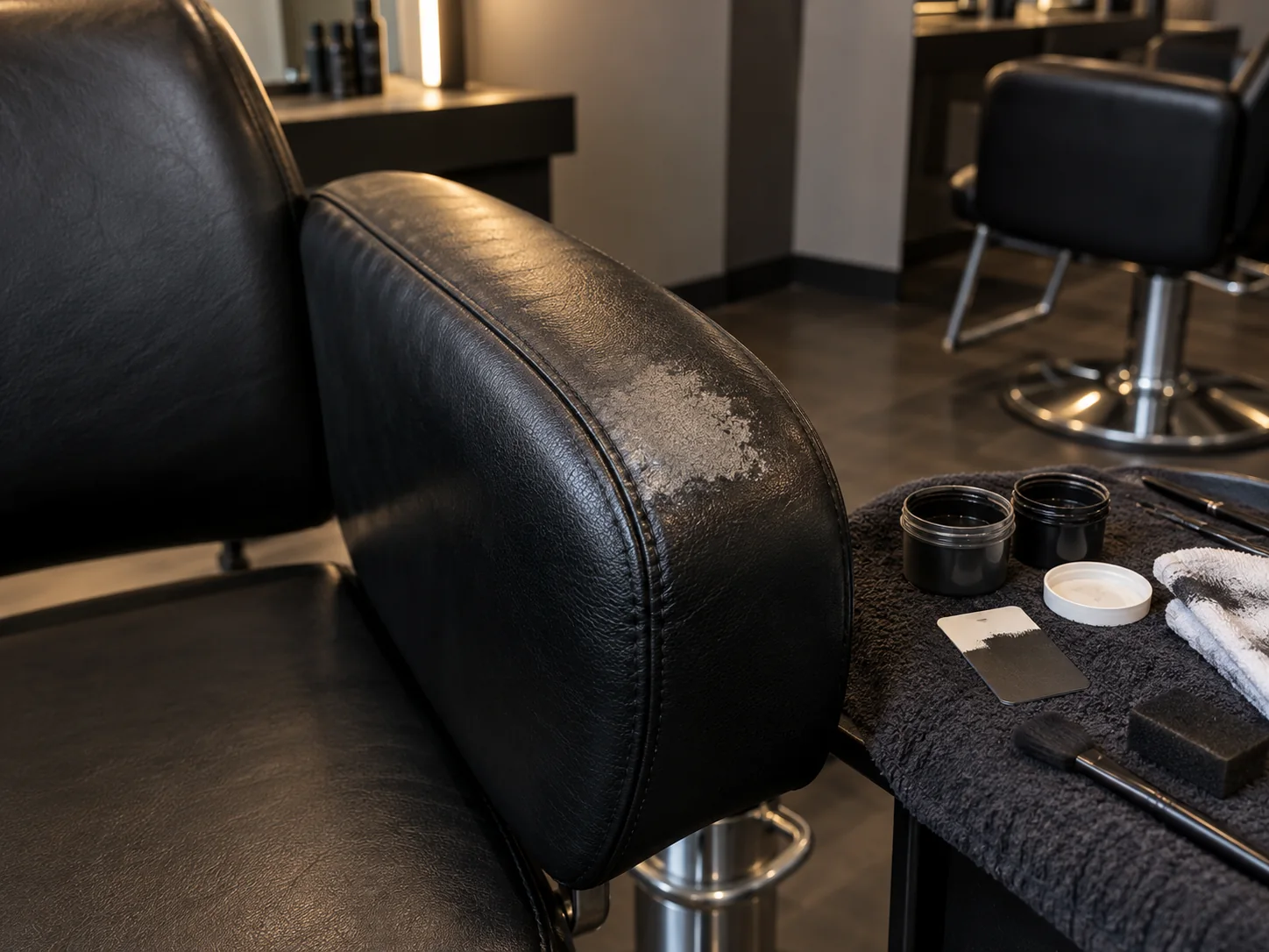 Colour being restored on a salon chair arm