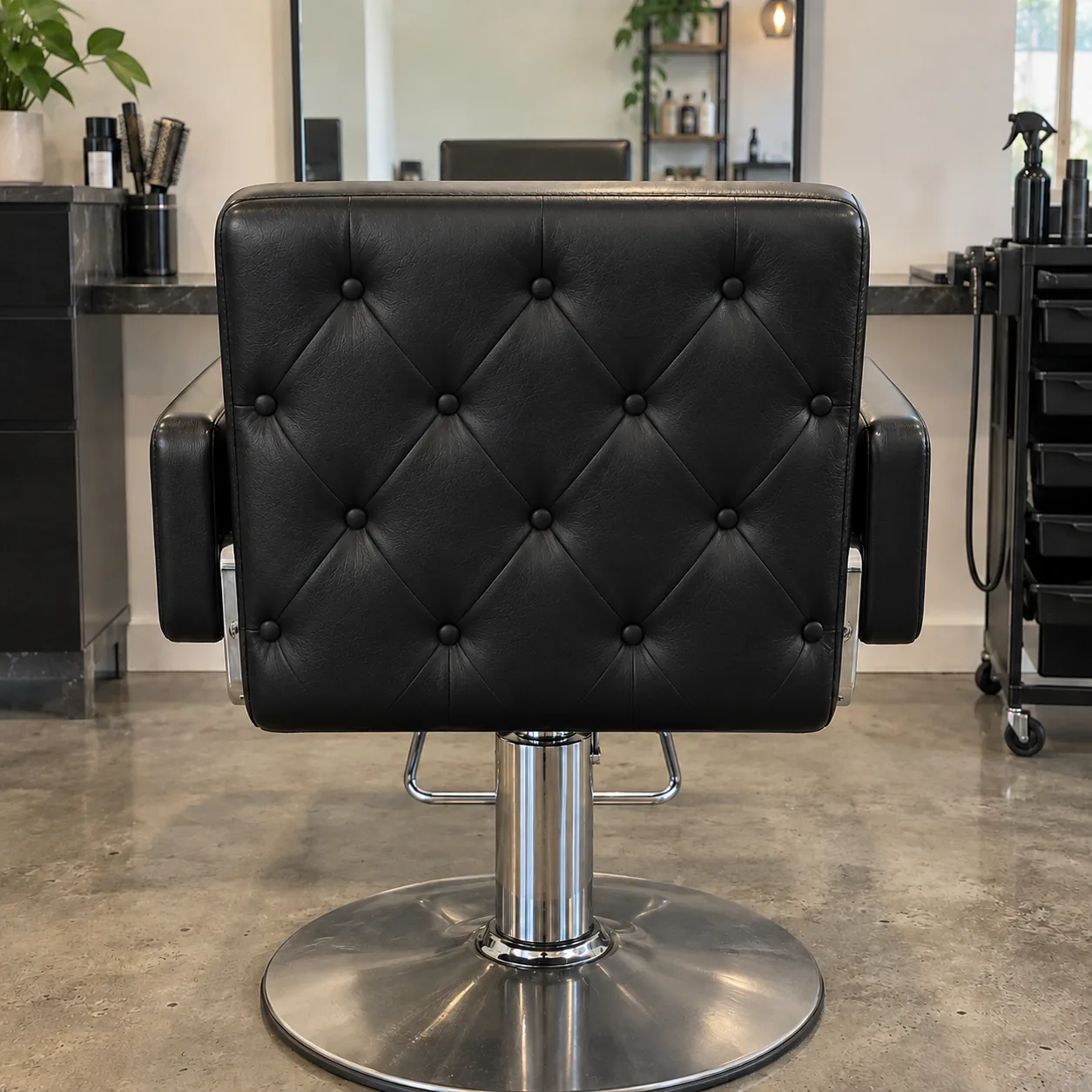 A diamond-tufted salon chair back