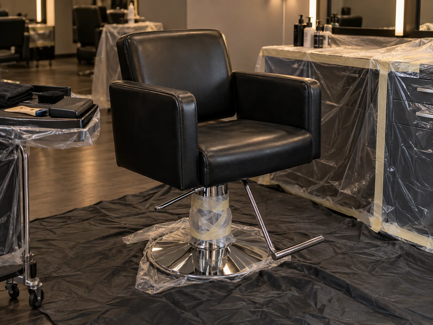 A salon chair masked off ready for repair