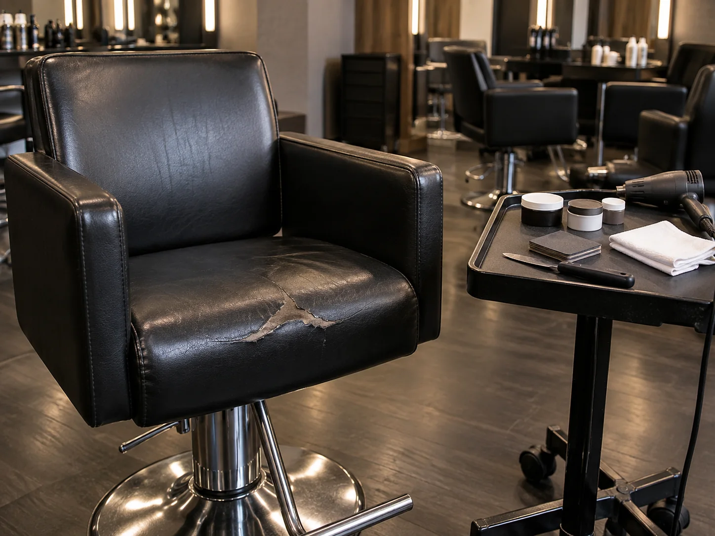 A salon chair being repaired in place on the floor