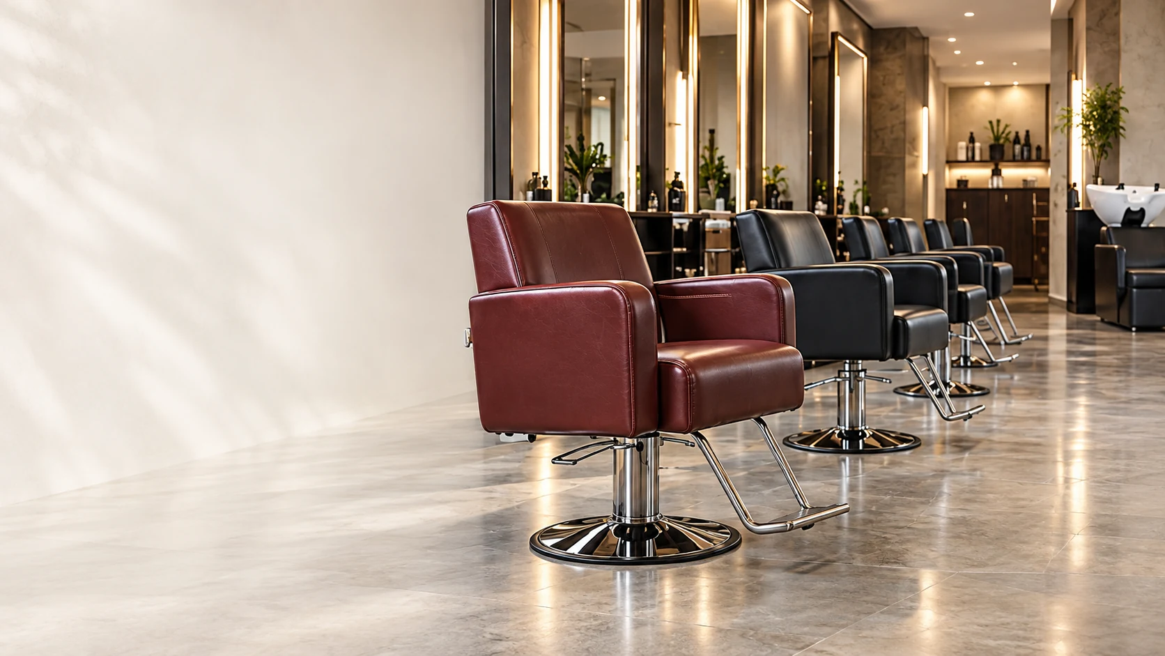 Salon chair row with one oxblood chair at the front and black chairs behind it