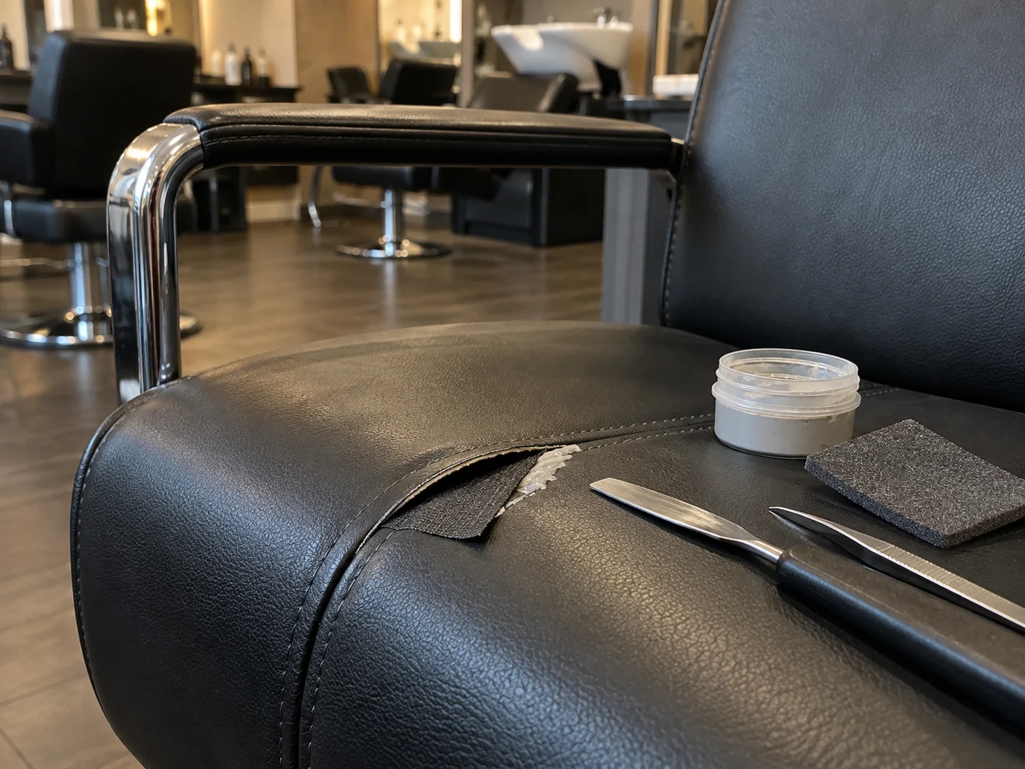 Filler being worked into a salon chair seat
