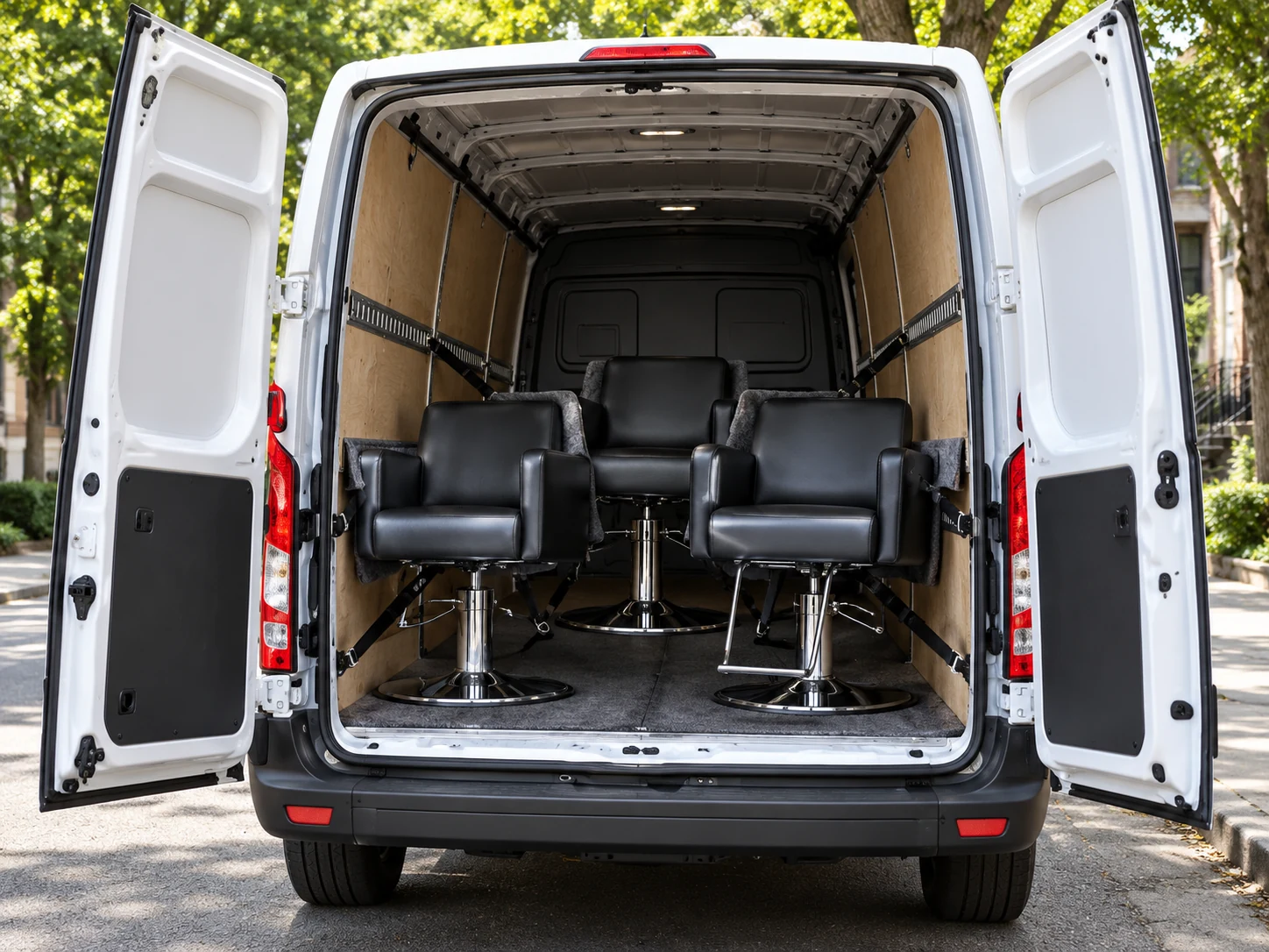 Salon styling chairs strapped upright inside a van after an evening collection
