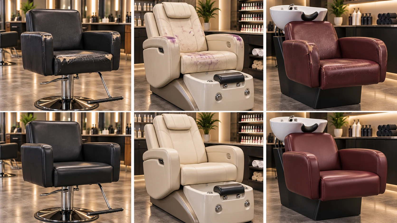 Six panel grid showing a styling chair, pedicure chair and backwash chair damaged above and recovered below
